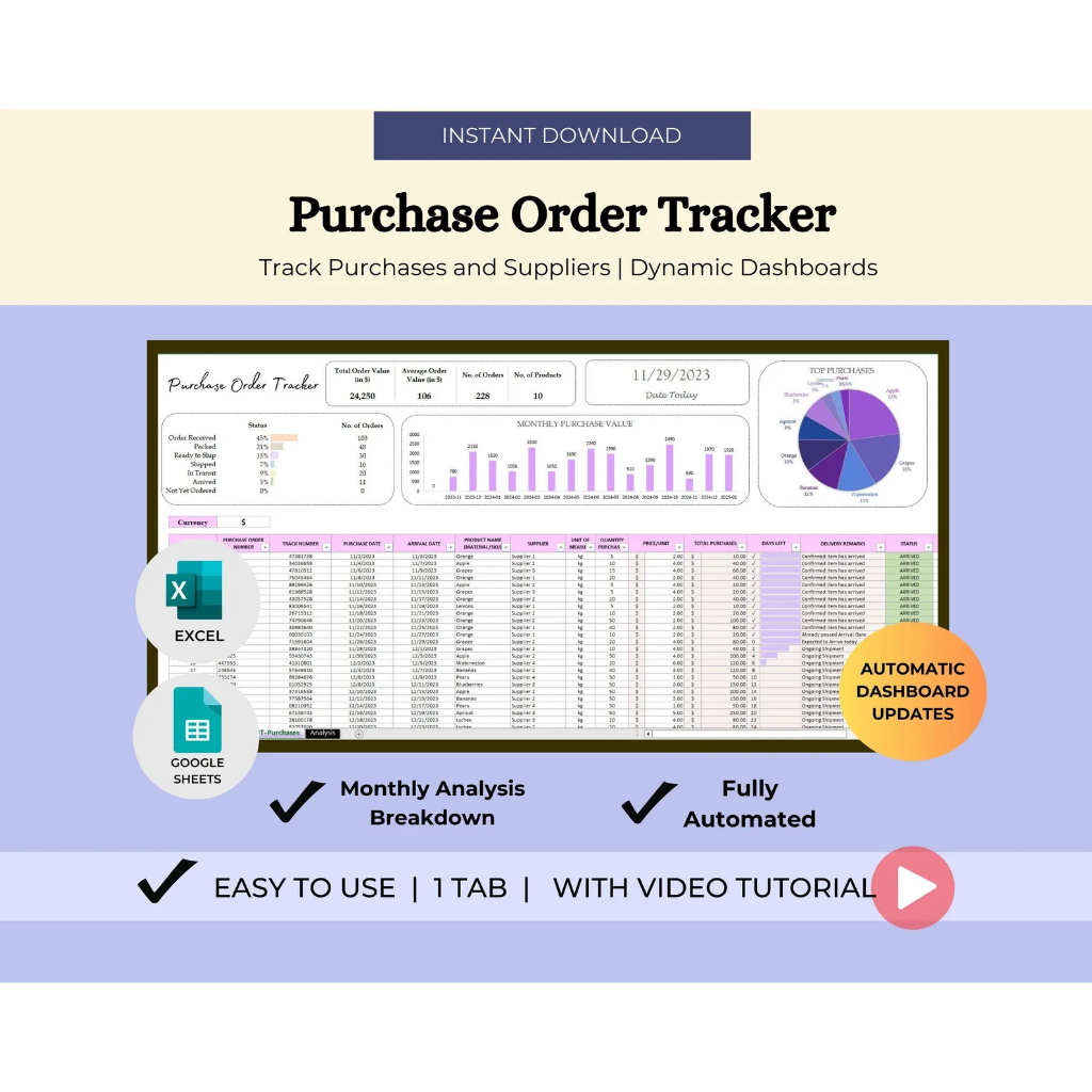 Purchase Management Excel Spreadsheet for Procurement Tracking Business ...