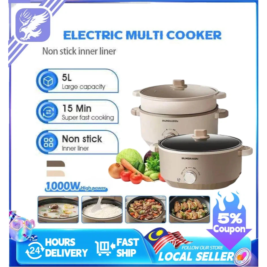 Electric Cooker 5L Non-Stick Ceramic Frying Pan Periuk Nasi Multicooker ...