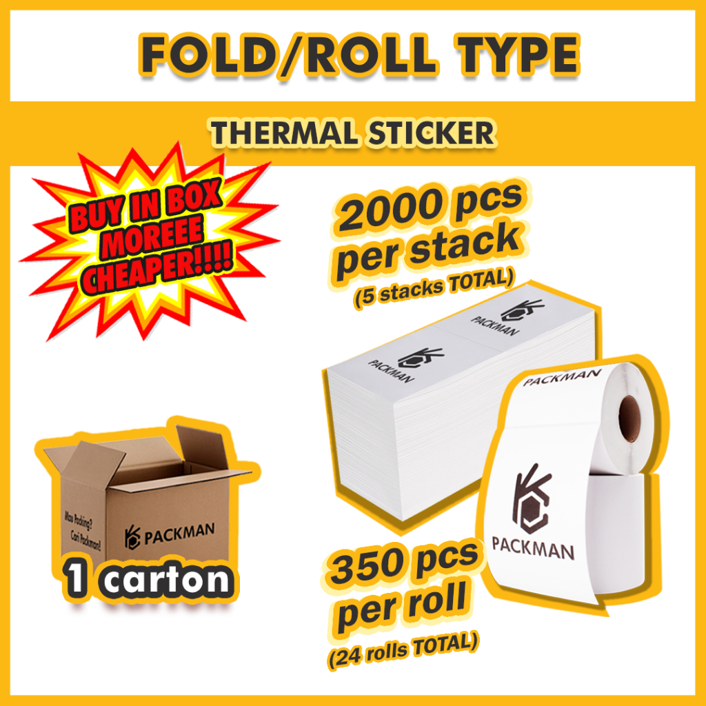 (1CTN) PACKMAN A6 Thermal Sticker Roll/Fold Thermal Label Sticker 100mm ...