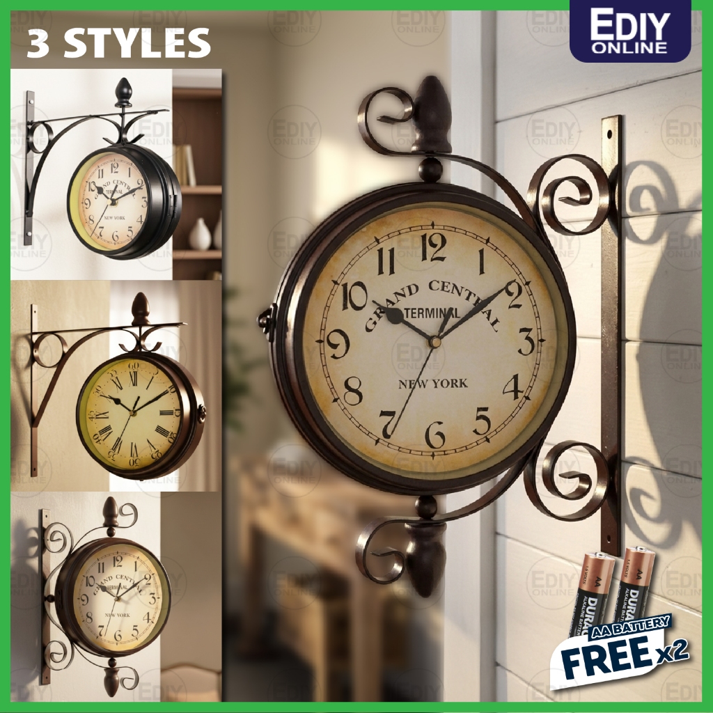 Wall Industrial Double-sided Antique Clock Iron Hanging Retro Bracket ...