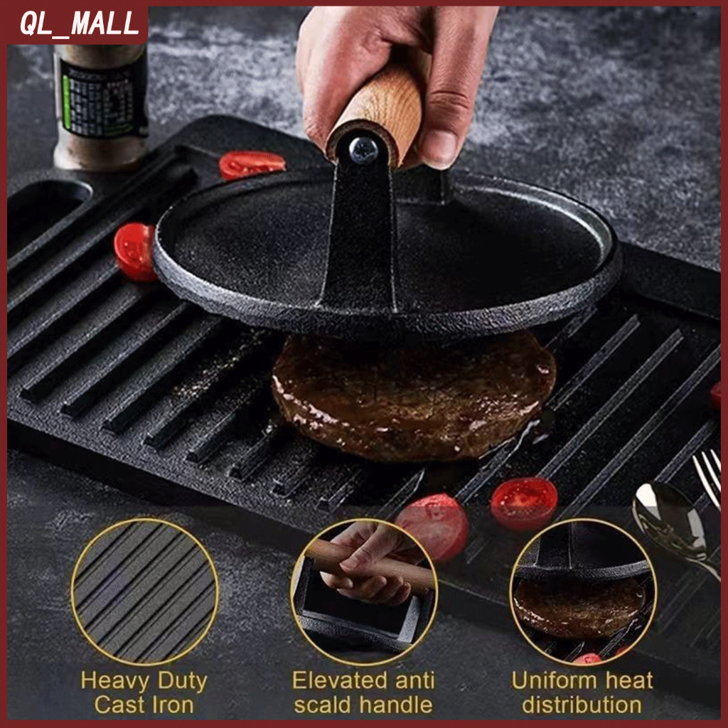 Gravity cast iron grill press steak press bacon press wood treatment ...