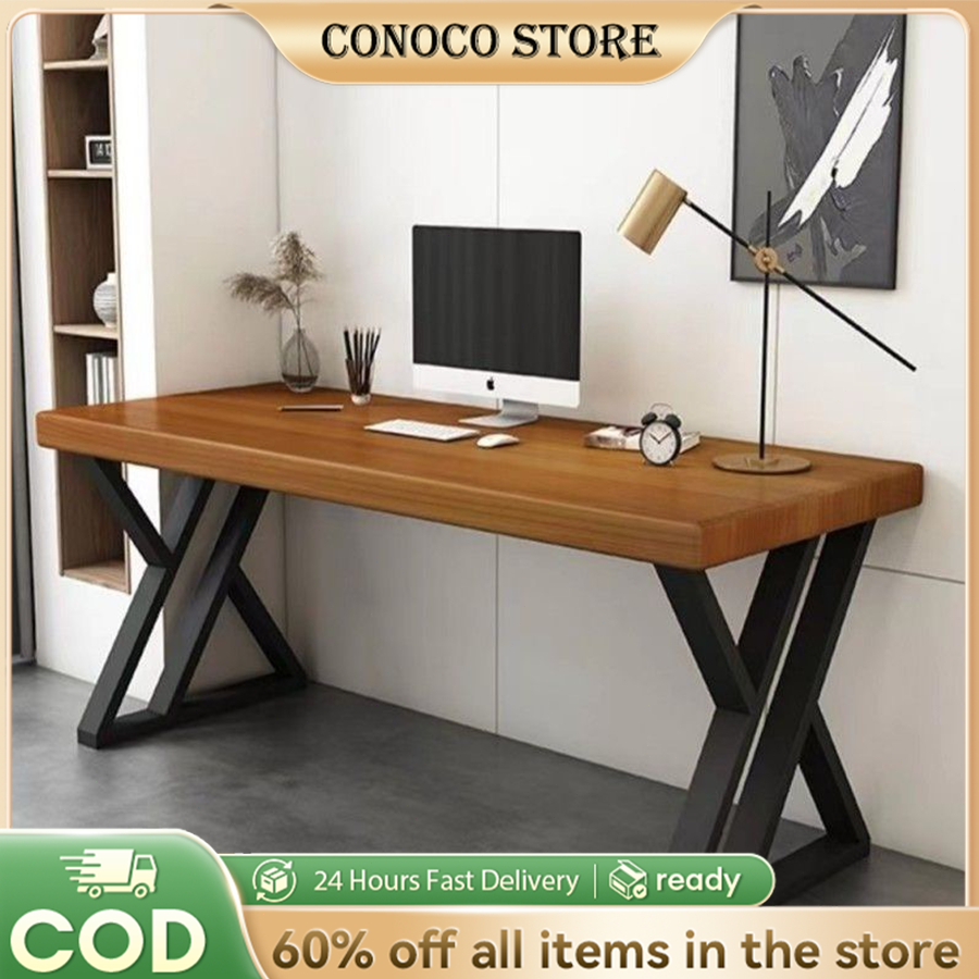 Modern Solid Wood Office Table Metal Frame Meja Belajar Computer Desk ...