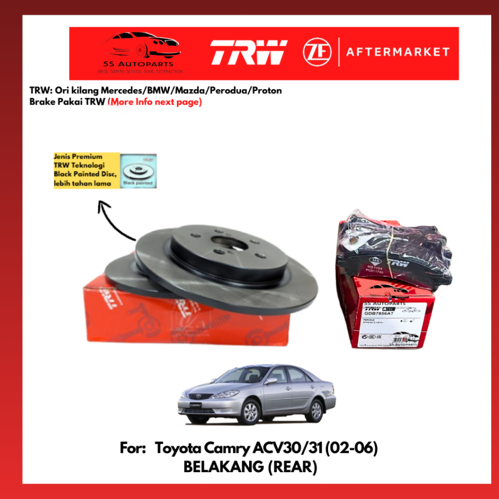 TRW Toyota Camry ACV30/31 (2002-2006) Rear (Belakang) Disc Rotor (268 ...