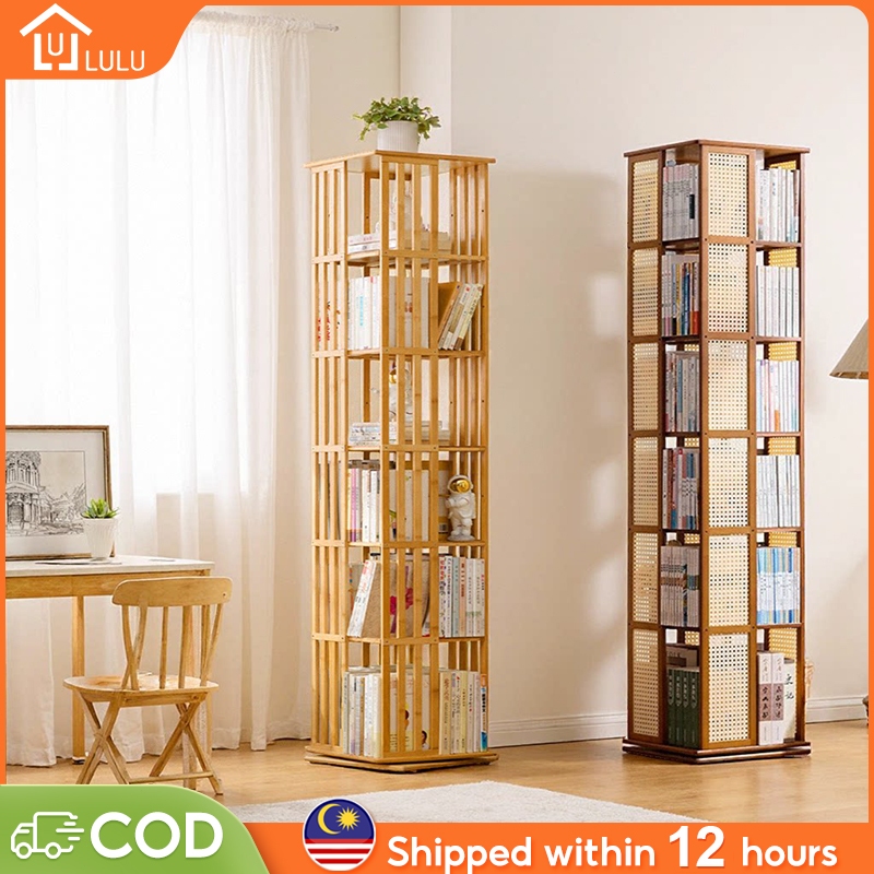 LULU Rotating Bookshelf Bamboo Bookcase With Wheels Bookcase 5/6 Layers ...