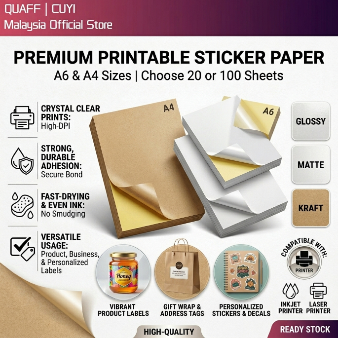 QUAFF Adhesive Sticker Paper Glossy Matte 20/50Pcs A4 Kertas Pelekat ...
