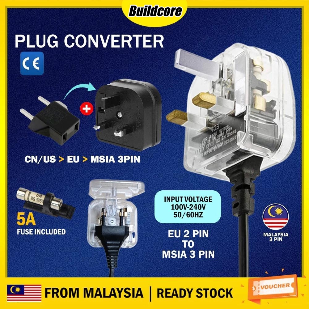 2 Pin To 3 Pin Plug Converter [5A Fuse Included] EURO TO MALAYSIA Home ...