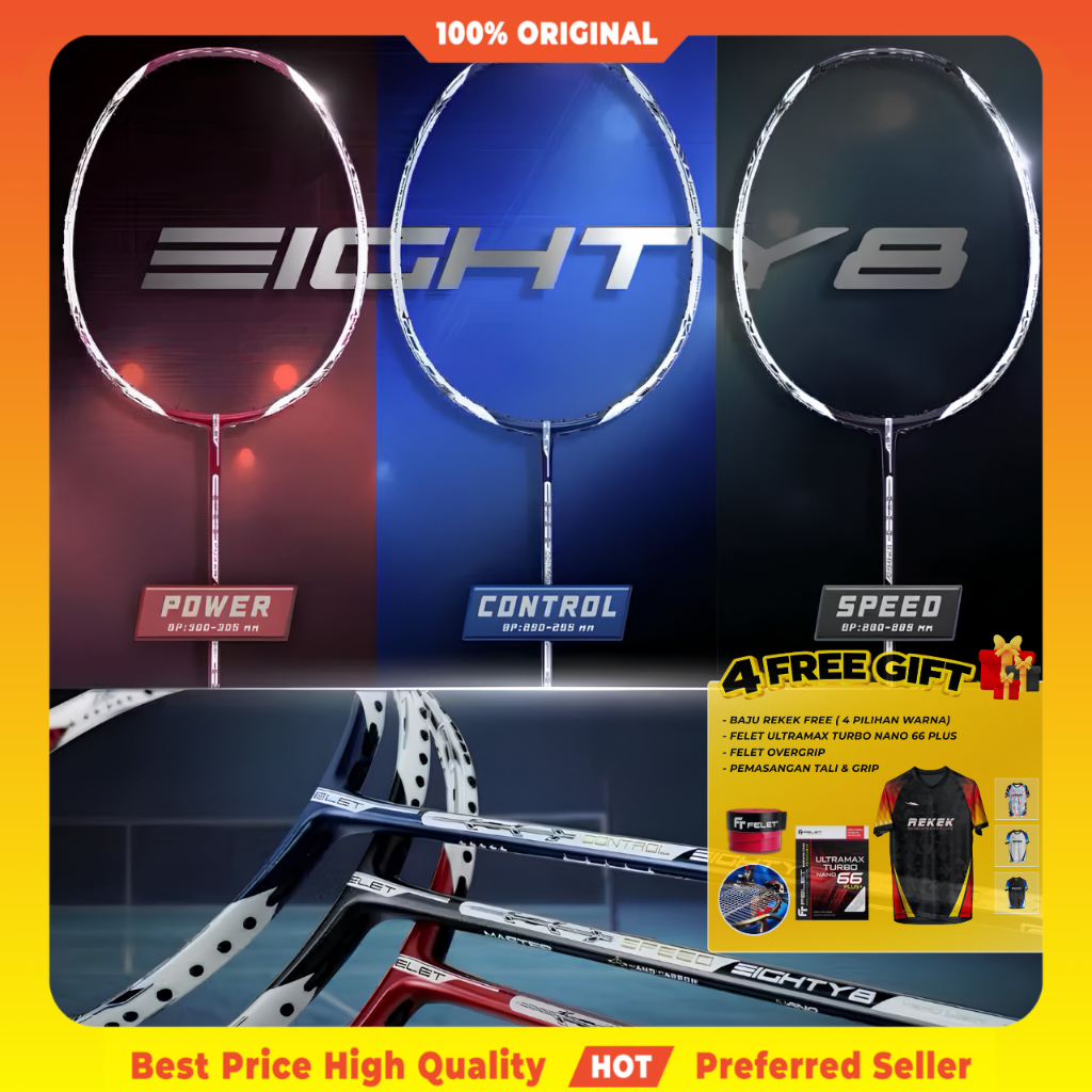 FELET EIGHTY 8 SERIES Badminton Racket Original Tali Grip Siap Pasang ...