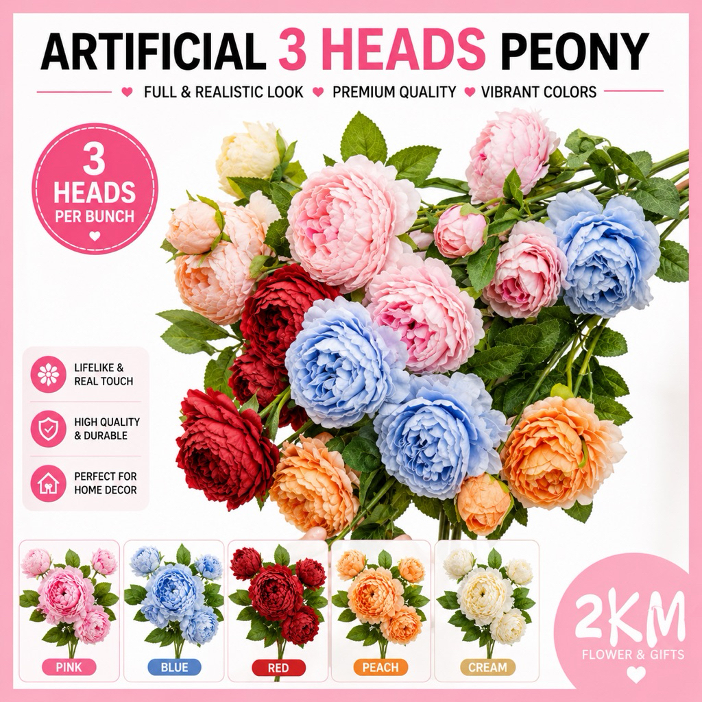 (3FLOWERS) PEONY ARTIFICIAL FAKE FLOWER Bouquet Living Home Decor ...