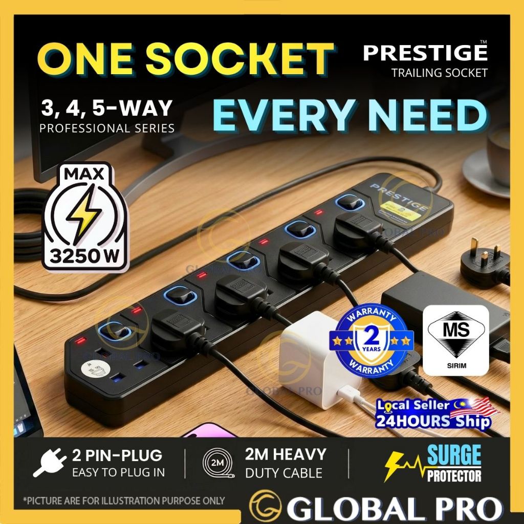 [SIRIM] PRESTIGE Trailling Socket 3/4/5 Gang Surge Protector 3250W ...