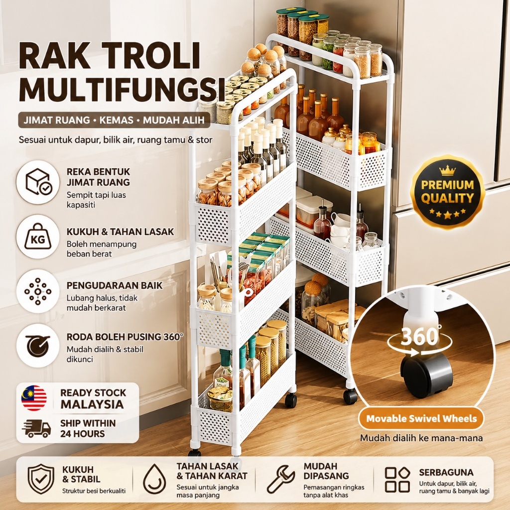 3/4 Tier Gap Stroage Rack Movable Narrow Shelf Kitchen Storage Trolley ...
