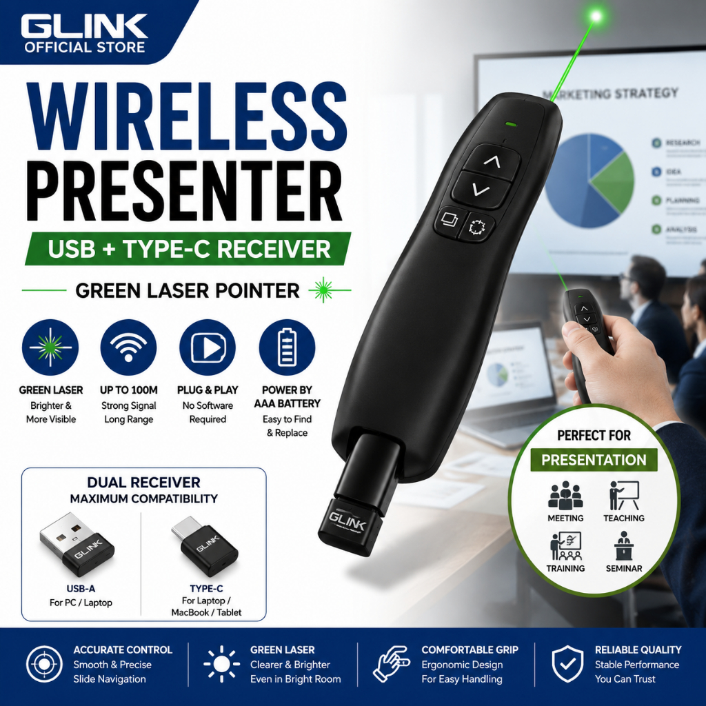 GLINK Wireless Presenter Green Laser Pointer USB Type-C Presentation ...