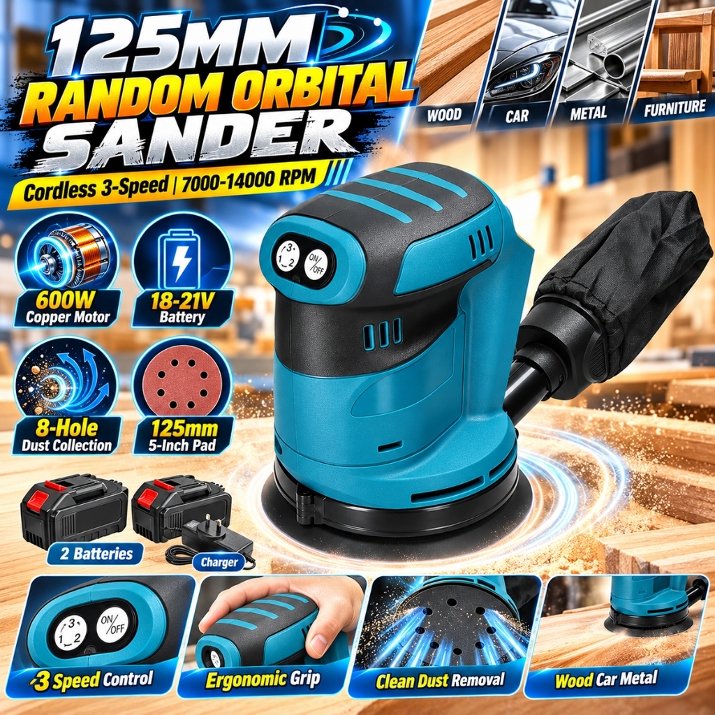Wood Sanding Machine Cordless Random Orbital Sander 125mm 5 Inch Car ...