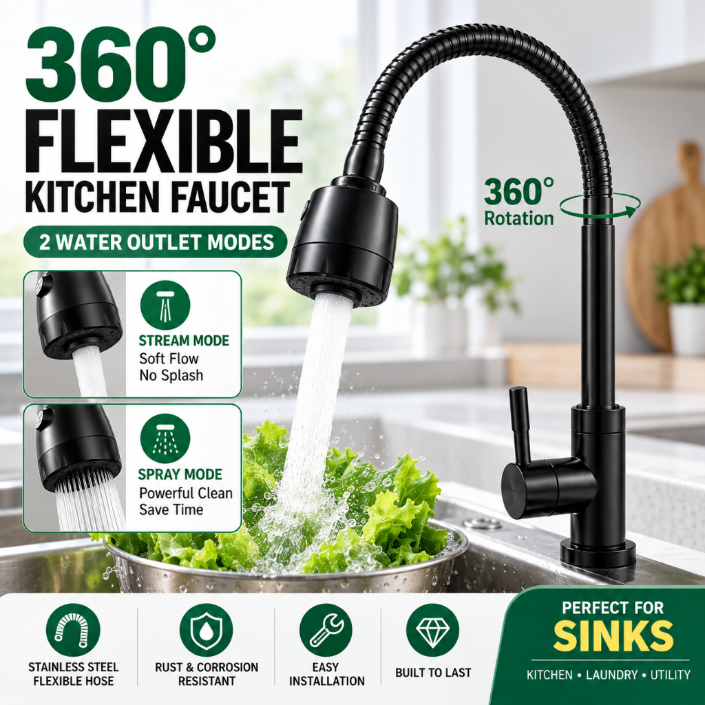 360° Flexible Kitchen Faucet Wall Mounted Deck Mounted Sink Tap 2 Water ...