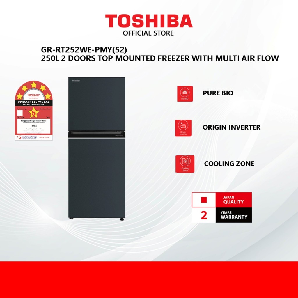 (5 Star) Toshiba GR-RT252WE-PMY(52) 250L Origin Inverter 2 Door Refrigerator/ Fridge / Peti Sejuk / Peti Ais / 冰箱