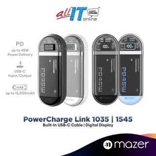 Mazer PowerCharge Link 1035 | 1545 Built-in Dual USB C Cables up to 15000mAh Powerbank