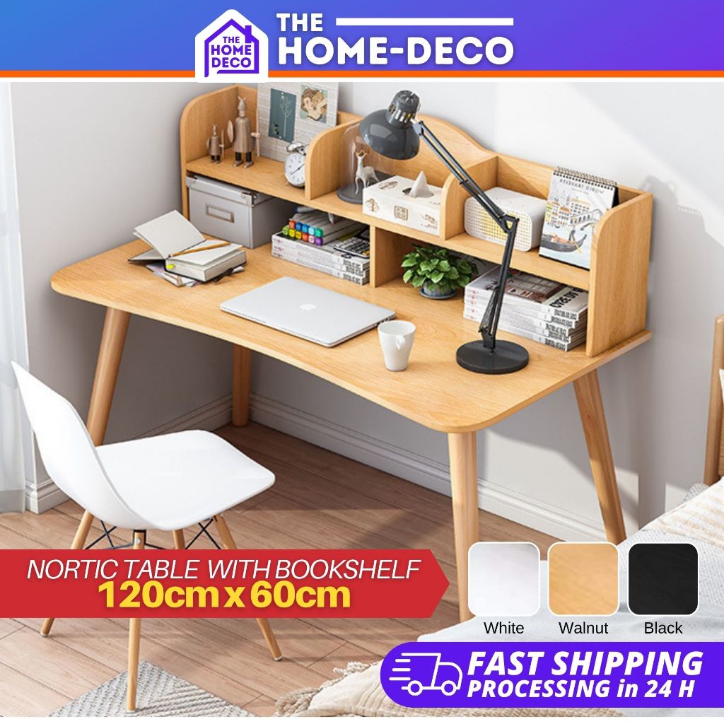 Nordic Table with Bookshelf Solid Wood Desk Writing Table simple ...