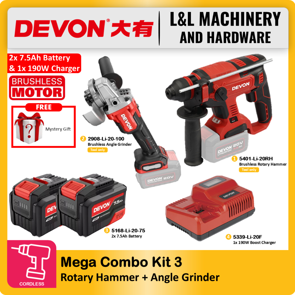DEVON 20V Brushless Cordless Mega Combo Kit 3 - 5401-Li-20 Rotary ...