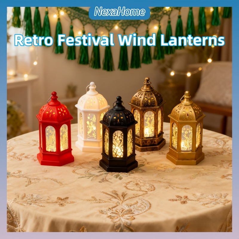 Retro Wind Lantern Castle Candlestick Atmosphere LED Light Hari Raya ...