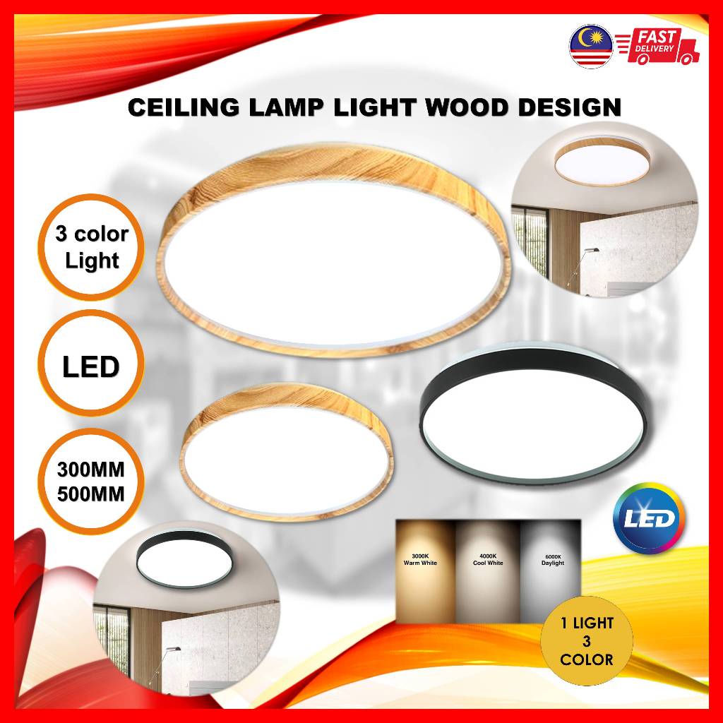Ceiling Light Round Lampu Syling Simple Design Muji Wood | Black 300MM ...