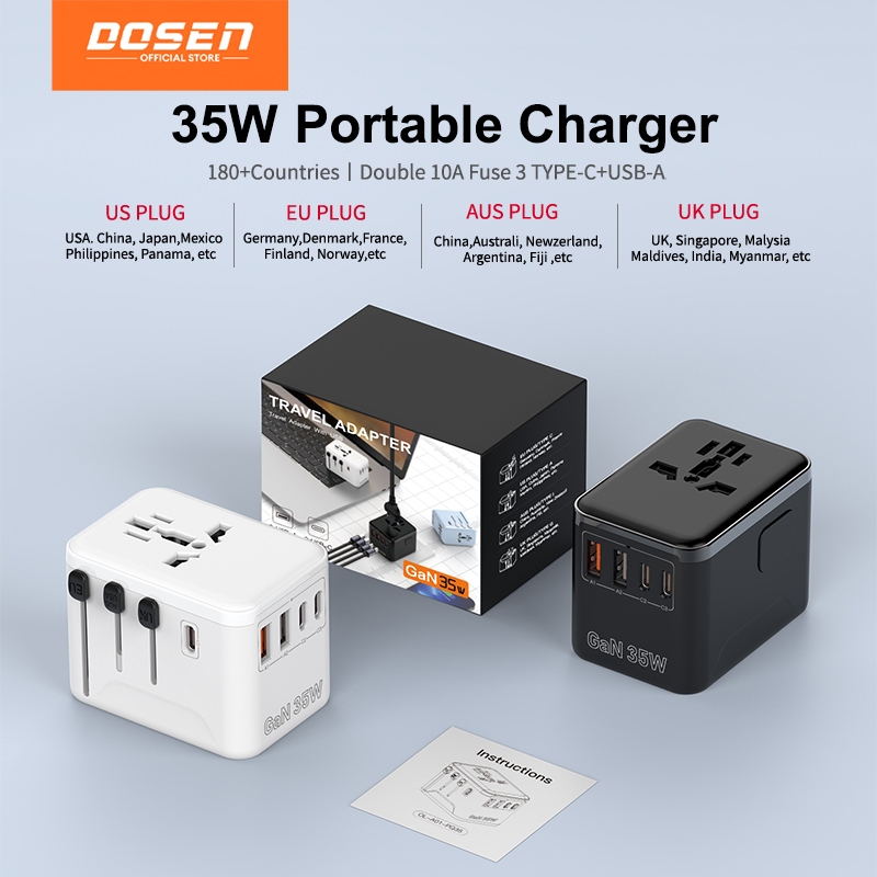 DOSEN Portable Universal Adapter Travel International 35W USB C Adapter Fast Charger QC 3.0 Charger Type C Plug