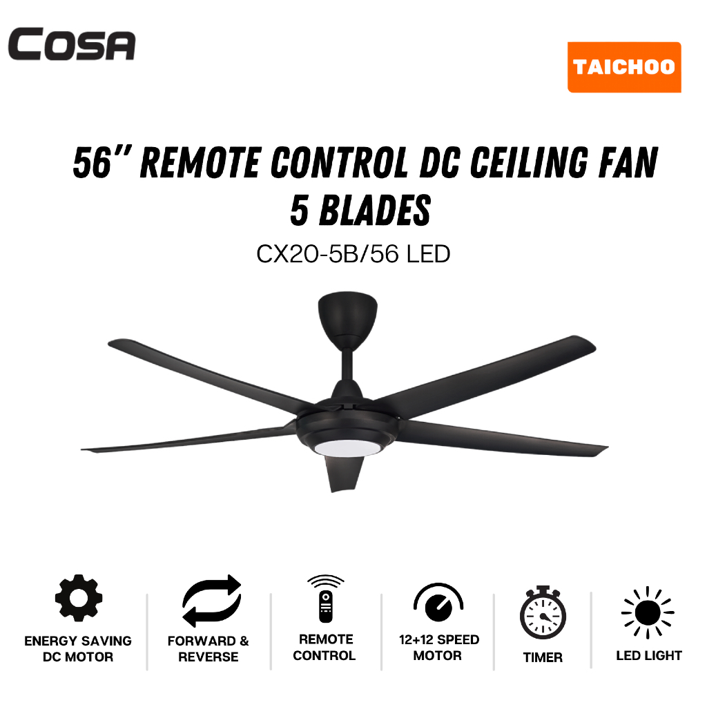 ALPHA COSA 56” Remote Control Ceiling Fan Black [DC Motor + LED] CX20 ...