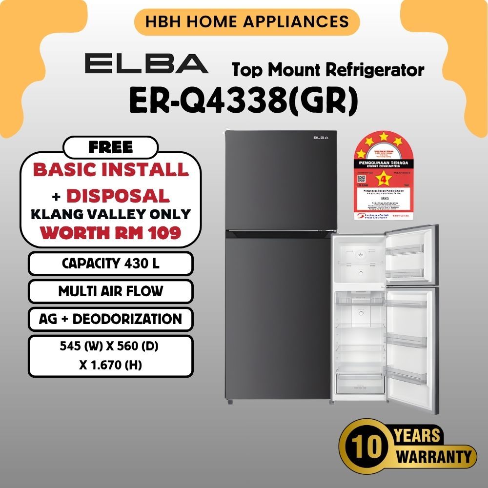 【FREE BASIC INSTALL】ELBA 430L Top Mount Refrigerator ER-Q4338(GR) Total