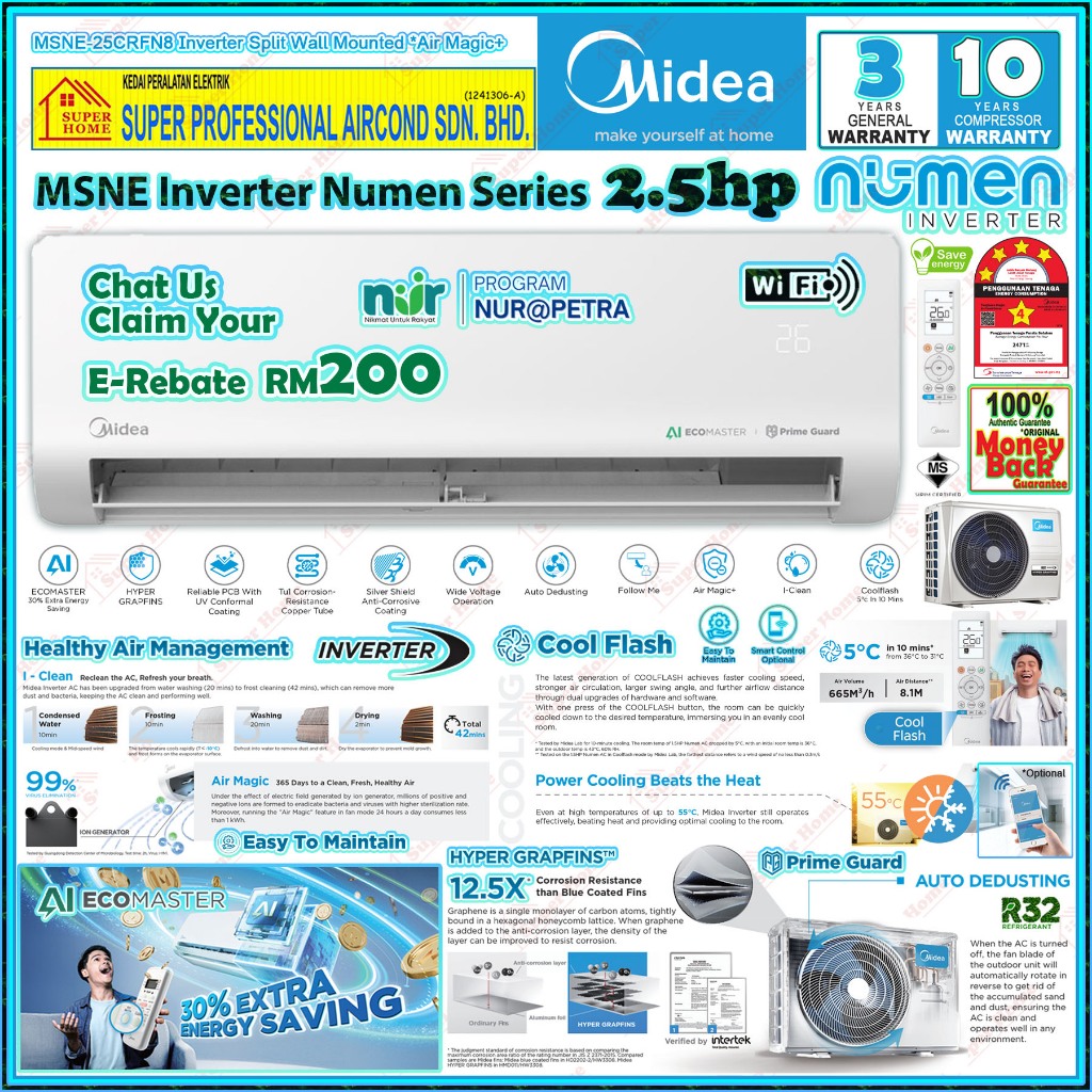 NUR E-Rebate RM200 !! Midea 2.5hp Inverter Air Conditioner MSNE-25CRFN8 ...