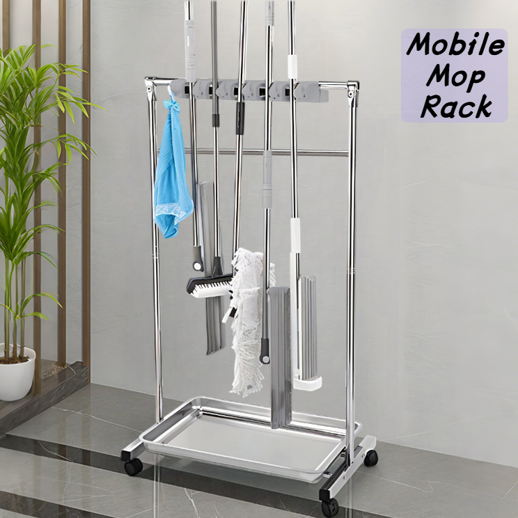 SEVENWOOD Stainless Steel Mop Rack Removable Storage Rack broom holder ...
