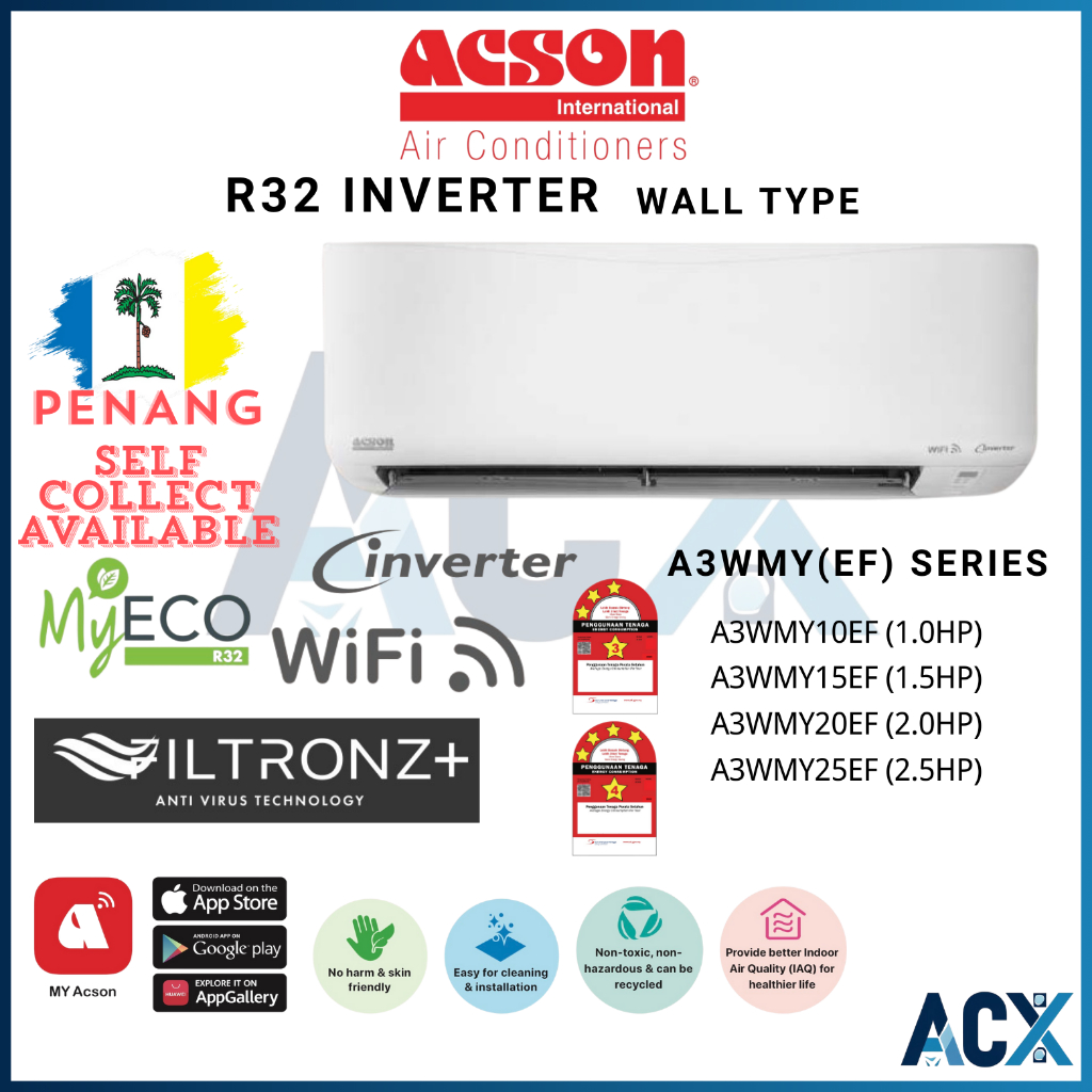 ACSON R32 Inverter A3WMY (EF) Series AIRCOND 1.0HP 1.5HP 2.0HP 2.5HP ...