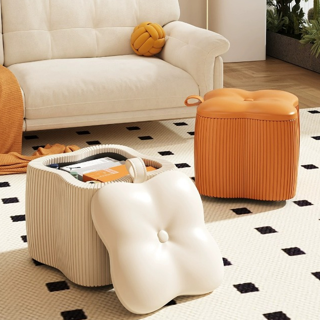 Pouf Living Room Low Stool Leather Stool Solid Wood Entrance Shoe ...