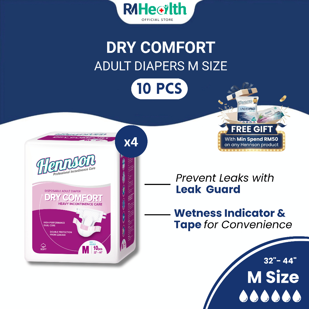 [Bundle of 4] Hennson Dry Comfort Adult Diaper M Size 10's | Shopee ...