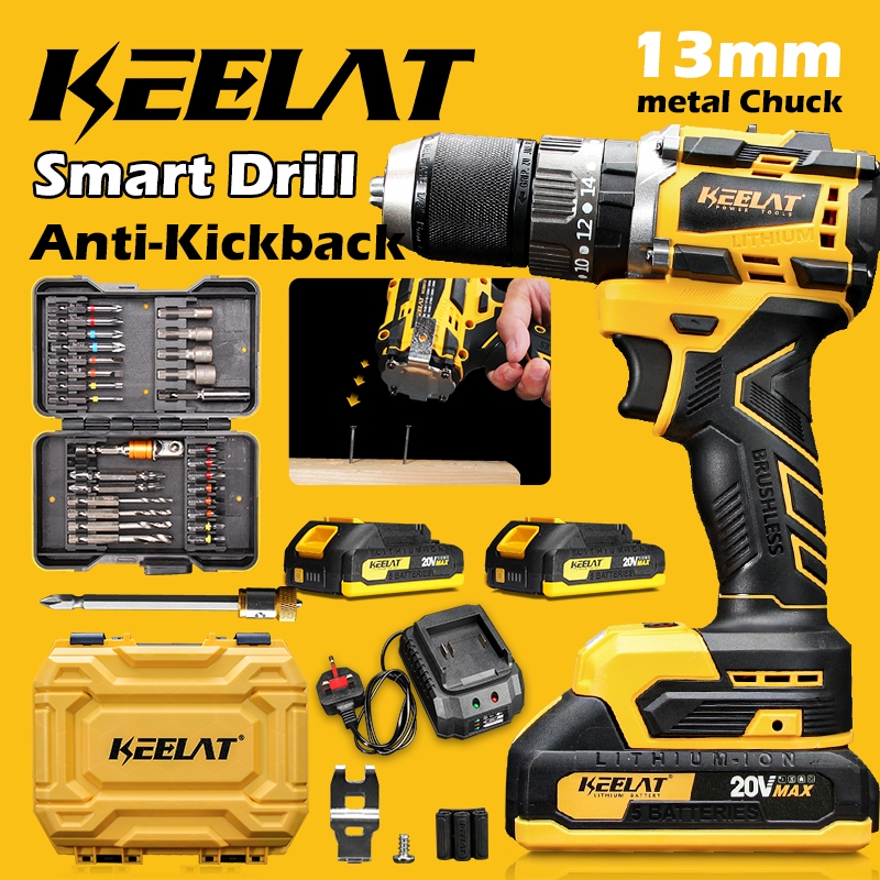 KEELAT KCD012 Brushless Anti-Kickback 13MM 20V Smart Cordless Drill Set ...