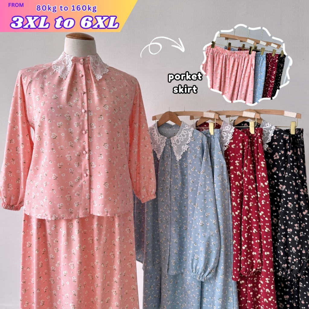 Plus Size (3XL-6XL) Set Skirt Floral Ironless Cool Fabric Full Button ...