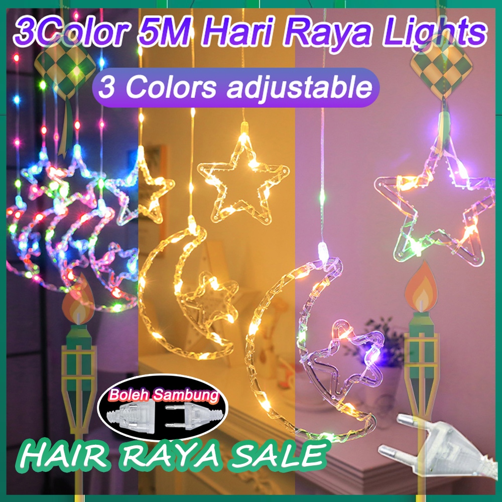 3Color Lampu raya star&Moon 11Modes 5M LED Fairy lights Outdoor light ...