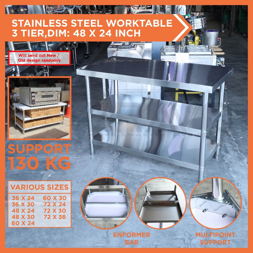 Stainless Steel Worktable Kitchen Meja 4FT Steel Rack 3 Layer 3 Tier ...