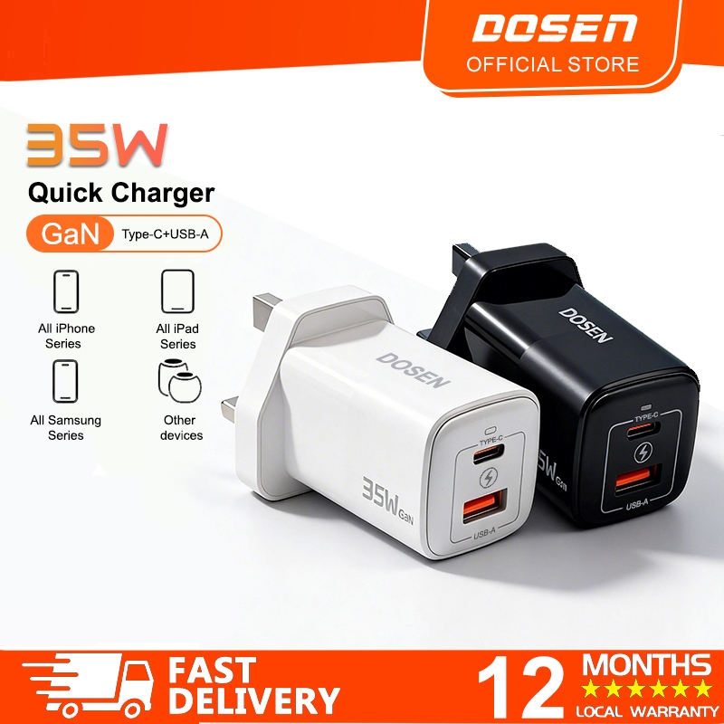 DOSEN 35W GaN Charger Type-C/USB-A 2 Ports Charger USB-C Power Adapter for iPhone 16  for Samsung Xiaomi Huawei