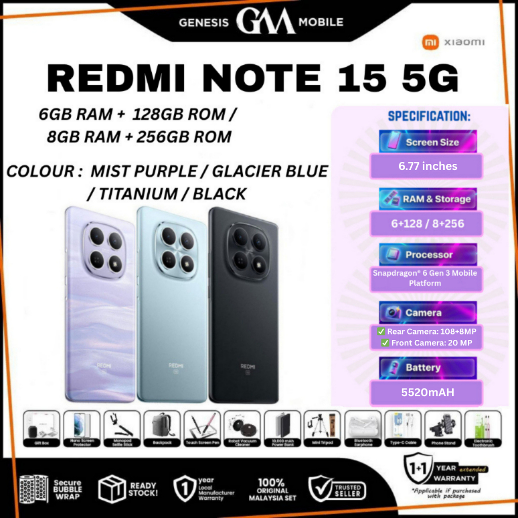 REDMI Note 15 5G [6GB RAM 128GB ROM / 8GB RAM 256GB ROM] - Original XIAOMI Malaysia