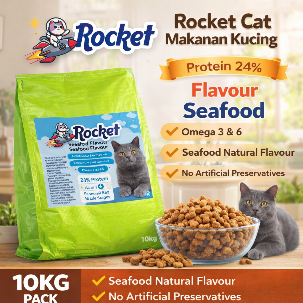 Rocket Cat Makanan Kucing 10KG Protein 24% Flavour Salmon Fish Cat Food ...