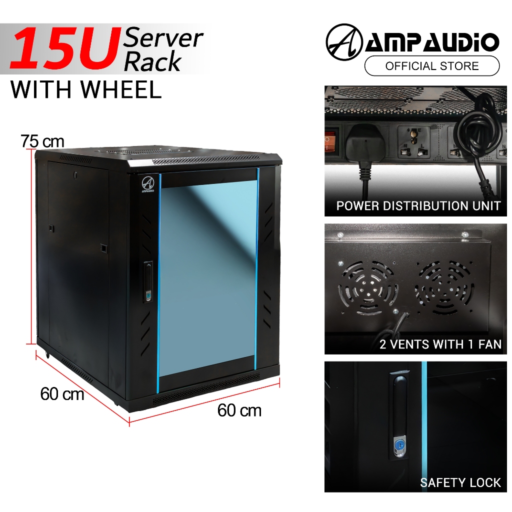 AmpAudio 15U Wall Mount Server Rack Cabinet Glass Door with PDU & Free ...