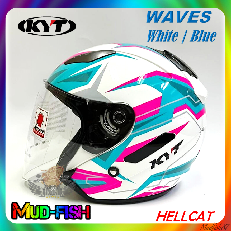 KYT HELLCAT WAVES WAVE WHITE | BLUE OPEN FACE HELMET -L SIZE (SINGLE ...