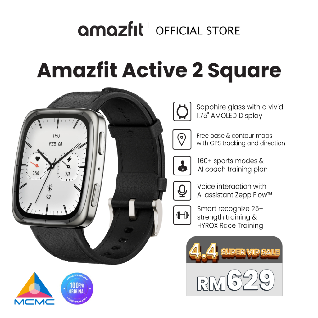 Amazfit Active 2 Square Smart Watch 43mm, GPS Maps with Direction, Fitness Tracker, 10 Day Battery, 160+ Sport Modes