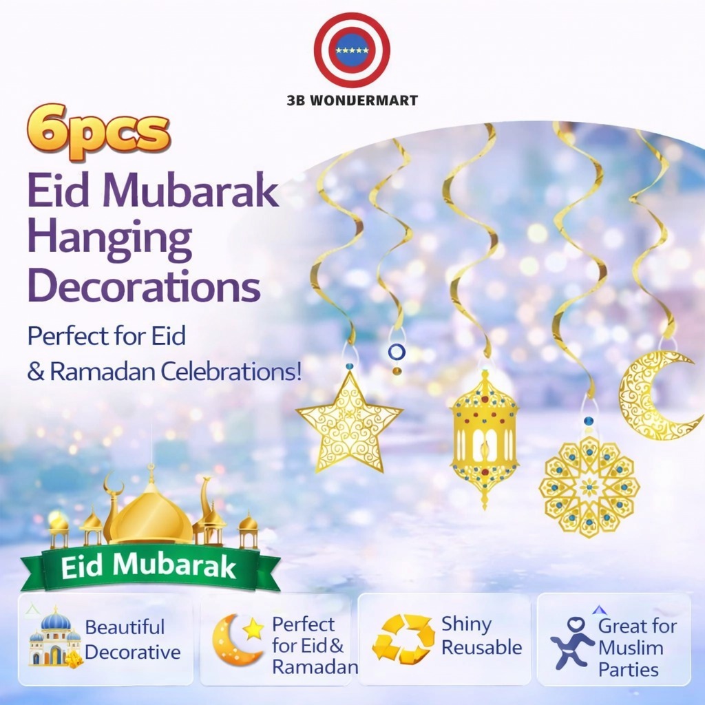 6pcs EID Mubarak Decoration Swirl Banner Star Moon Ceiling Hanging ...