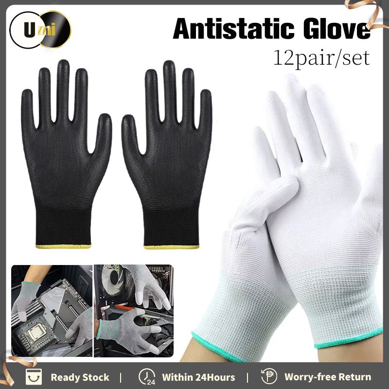12 Pair ESD Electronic Working Gloves for PC Repair Coated Palm Anti ...
