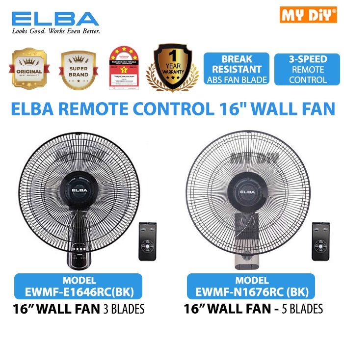 16 inch ELBA Wall Fan Remote Control Wall Fan 3 Speed Abs Blade 1 YEAR ...