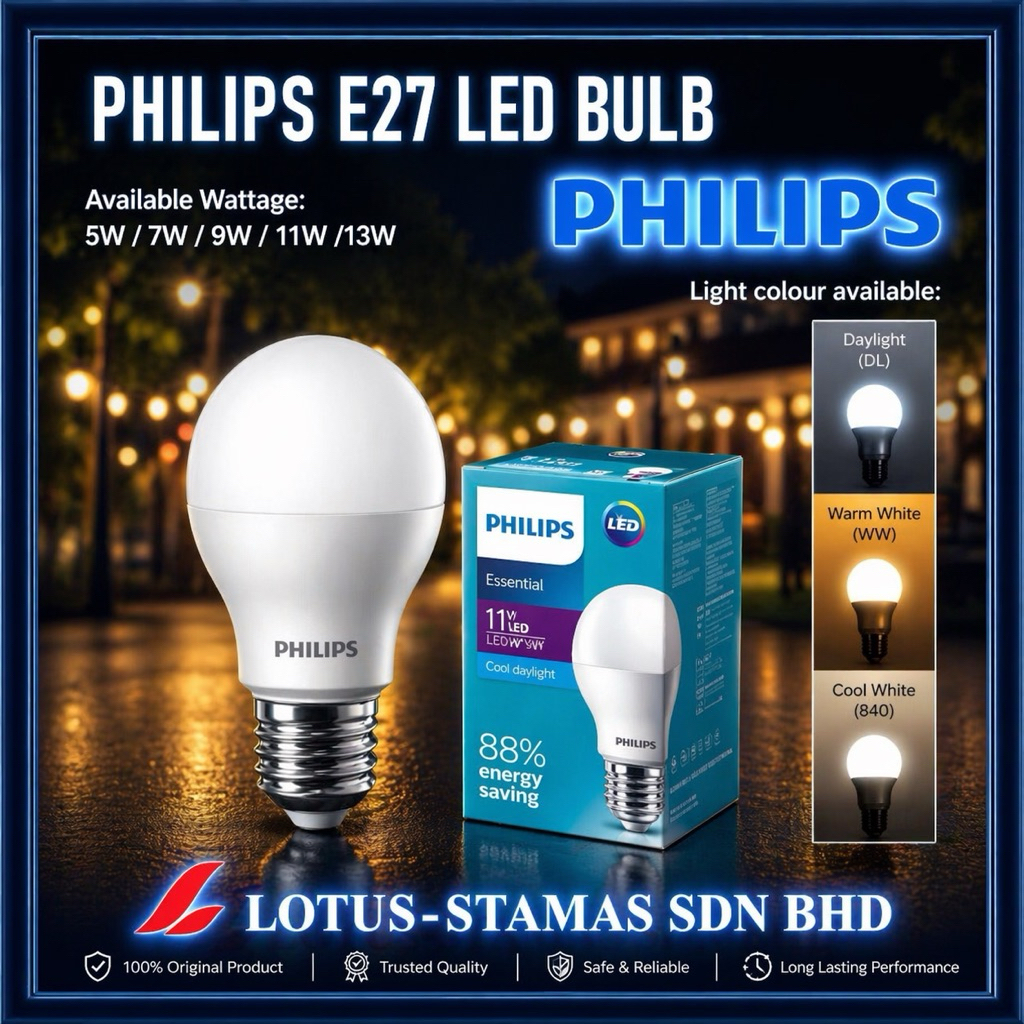 PHILIPS ESSENTIAL LED E27 BULB 5W/7W/9W/11W/13W | Shopee Malaysia