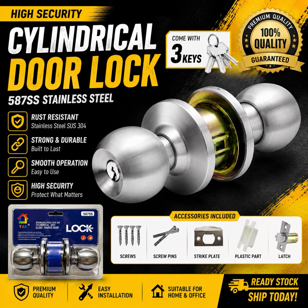 【Ready Stock】YJA 587SS Cylindrical Door Knob Lock Set Tombol Pintu ...