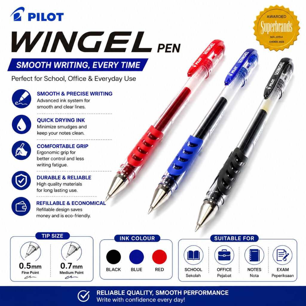 PILOT Wingel Gel Pen (0.38mm 0.5mm 0.7mm) Original / Pen Gel Hitam Biru ...