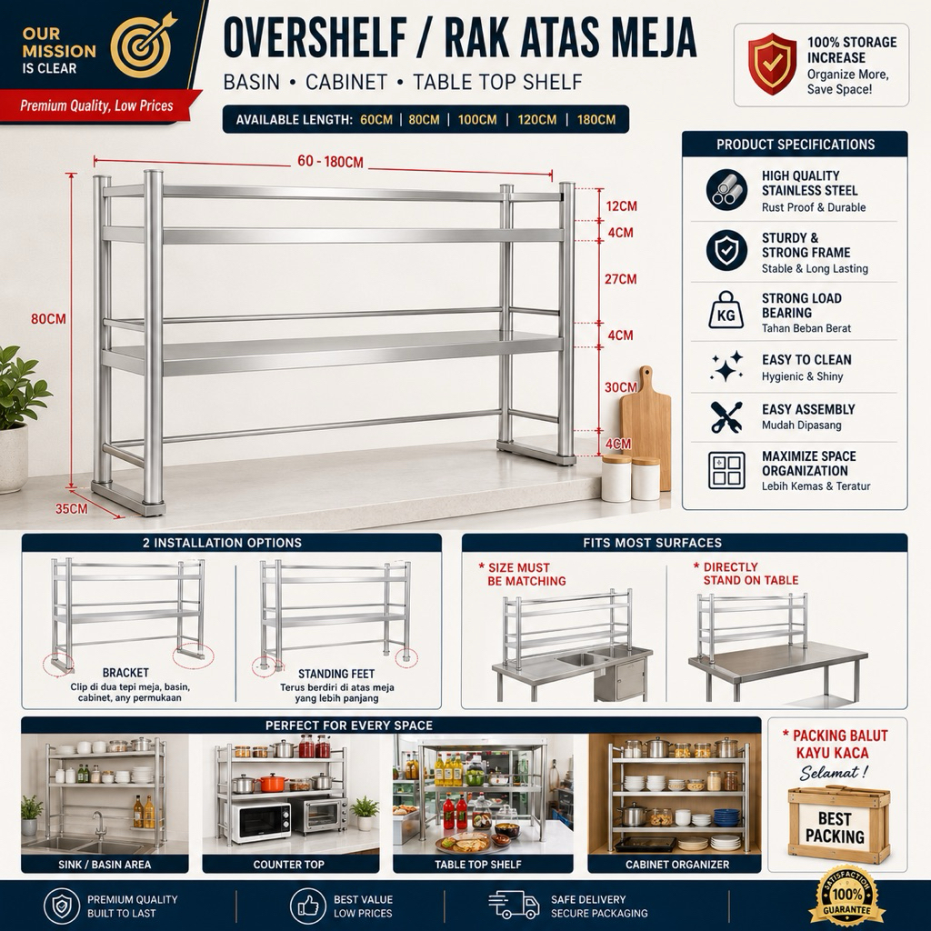OVERSHELF SHOWCASE SHELVES 60-180CM TABLE TOP RAK ATAS MEJA/STORAGE ...