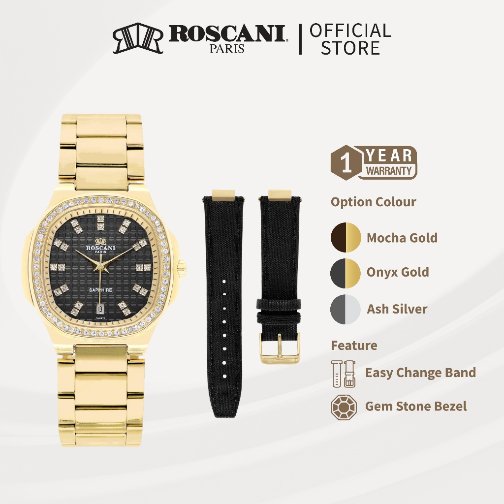 Roscani Mine E67 Sapphire Crystal Rounded Square Bracelet Watch Solid ...