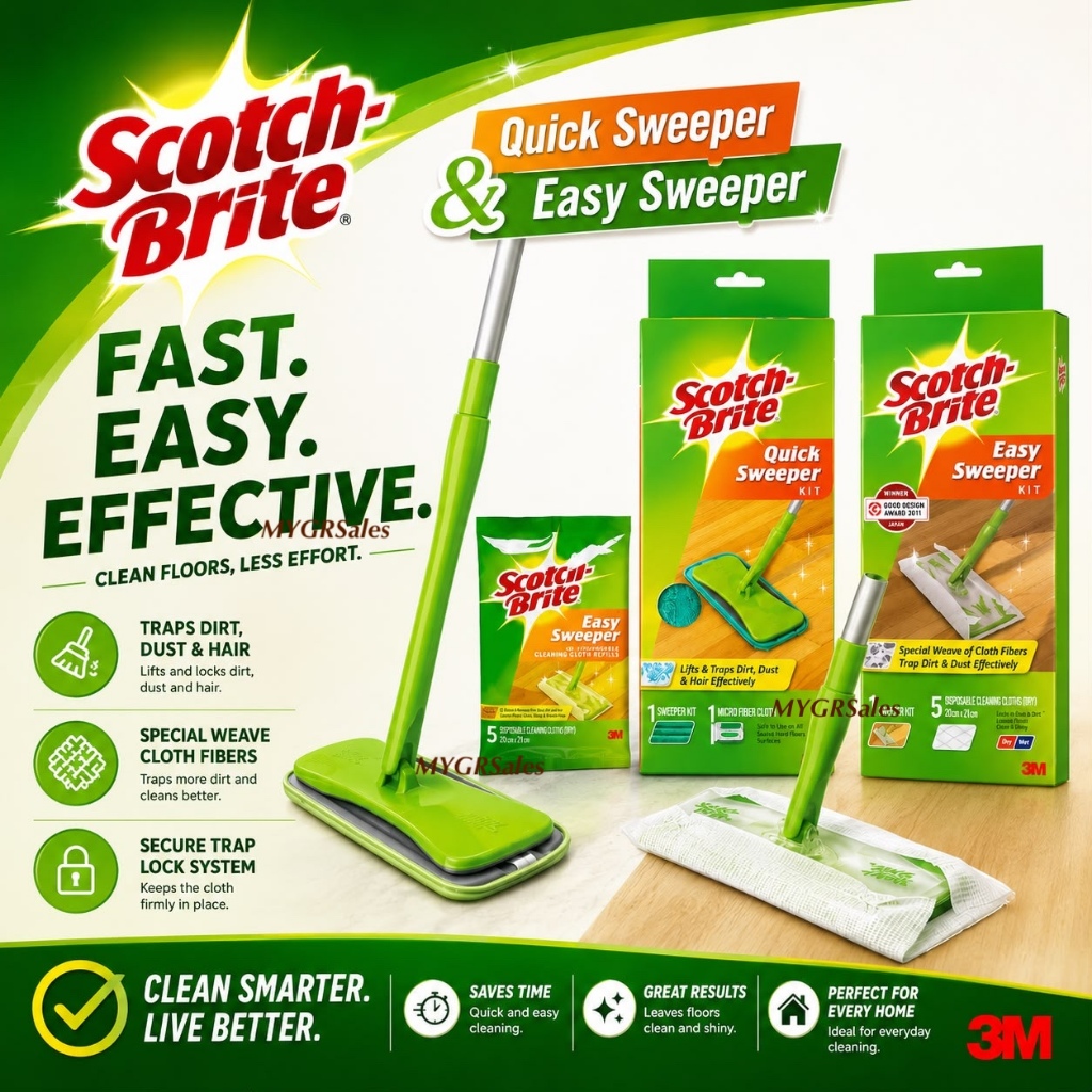 3M Scotch Brite Quick Sweeper Micro Fiber Flat Mop / Easy Sweeper Kit ...